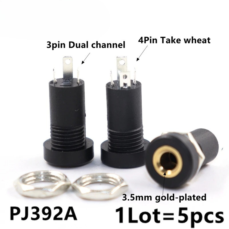 5PC PJ392A 3.5 มม.แจ็คซ็อกเก็ต 3 เสา Dual Channel 4 เสาข้าวสาลีสีดําสเตอริโอ Solder แผง Mount ทองถั่