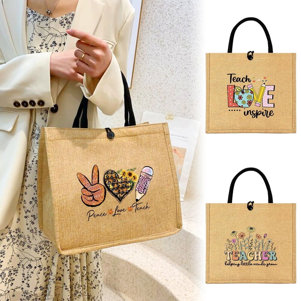 กระเป๋าช้อปปิ้งผ้าฝ้ายลินิน Tote Bag กระเป๋าสะพายไหล่เดียว Big Shopper Bags Jute Handbags for Teache