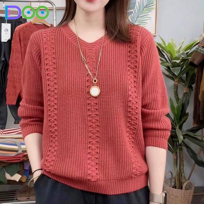 เสื้อกันหนาวผู้หญิง แบบถัก คอวี ทรงหลวม แขนยาว