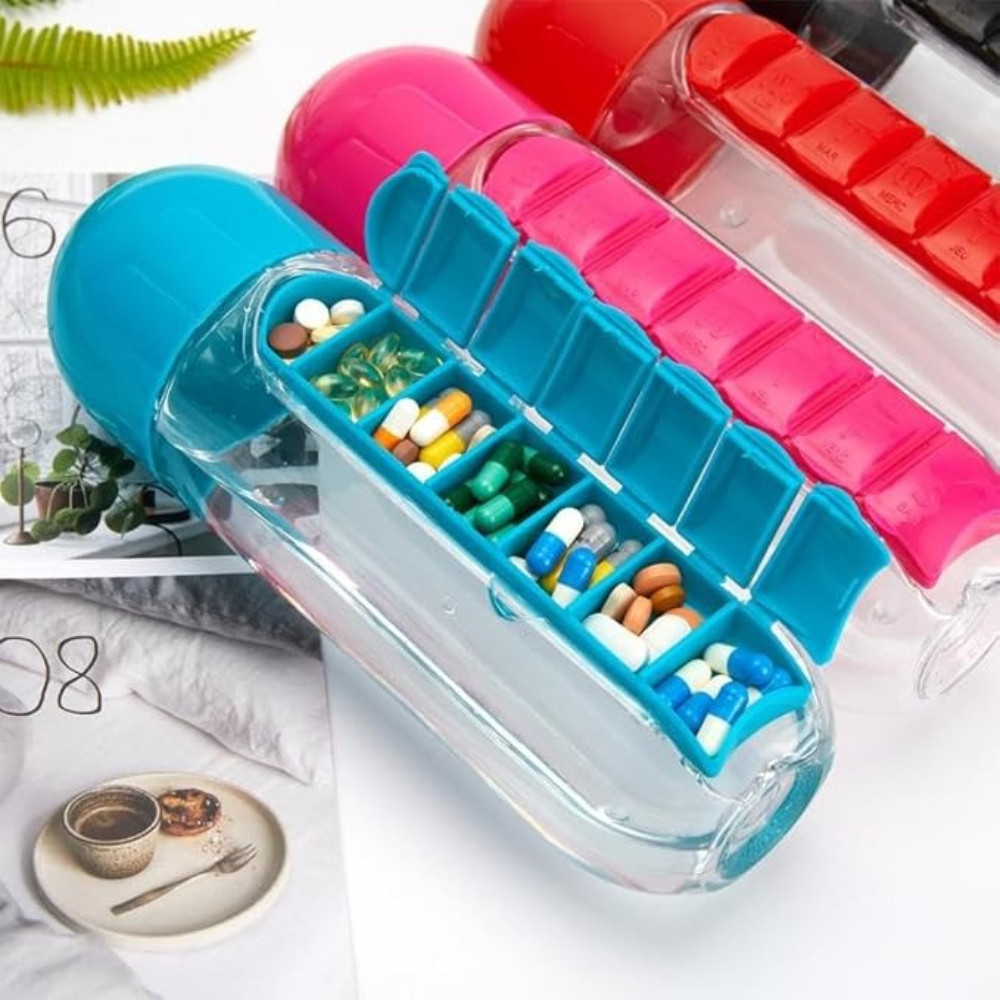 (จัดส่งในพื้นที่ 24 ชั่วโมง) Travel Water Bottle Pill Case 2 in 1 ที่ถอดออกได้ 7 ส่วน Pill Organizer ป้องกันการรั่วการออกแบบแบบพกพา