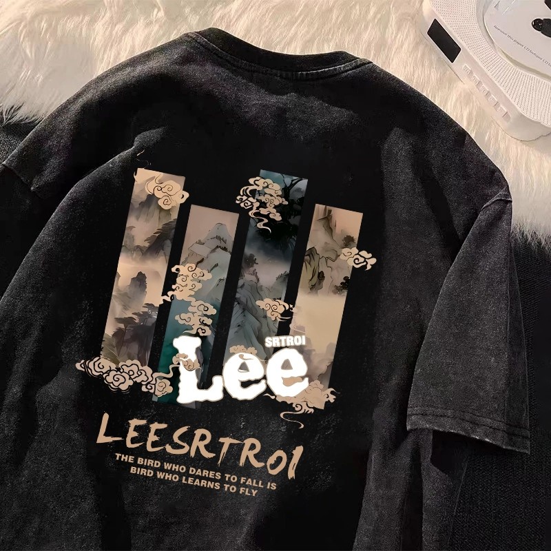 Elhous ล้างผู้หญิงเสื้อยืด LEE Oversize Street Retro เสื้อยืดแขนสั้น Tops ล่าสุดผู้หญิงเสื้อชุด Tops