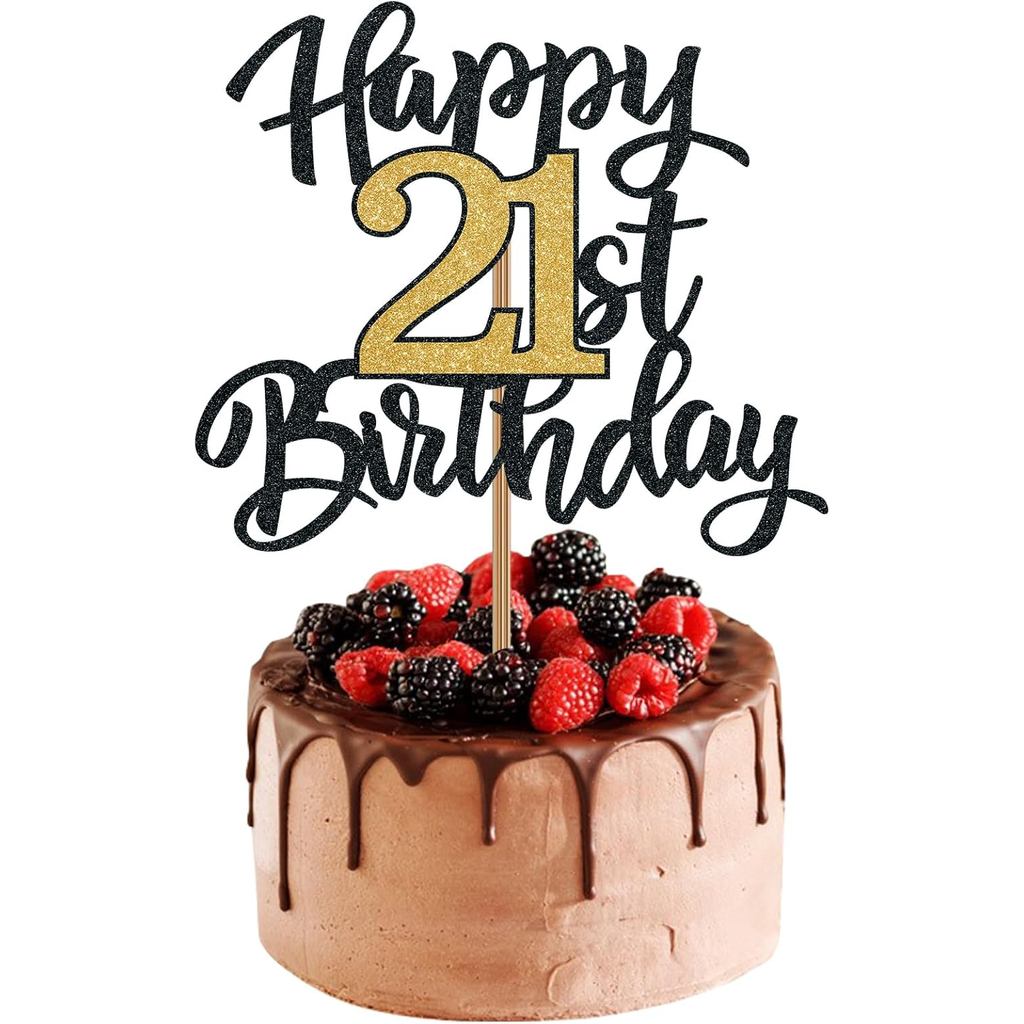 Happy 21st เค้กวันเกิด Topper สีดําทอง Glitter Cheers ถึง 21 ปี 21 st Party Supplies สําหรับ 21 st เ