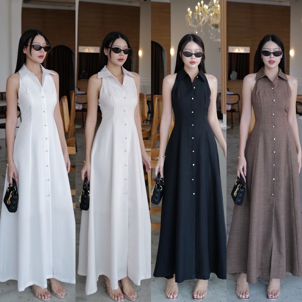 #9887 เดรสยาวคอปก แขนกุด แต่งกระดุมหน้า ผ่าหน้า กระดุมจริง จะมีอยู่ด้านบน ที่สามารถติดได้จริง intuon