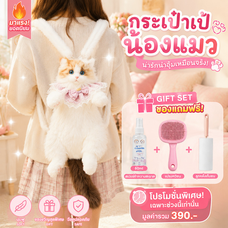 Plush กระเป๋าเป้สะพา  ตุ๊กตาแมวน้อยนุ่มนิ่ม  ตุ๊กตาผ้ากำมะหยี่  ของขวัญวันเกิดสำหรับเพื่อนและผู้หญิง