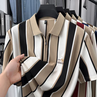 เสื้อโปโลผู้ชายแขนสั้น มีซิป ลายทาง ทรงพอดี ดูดีมีระดับ ใส่สบาย ระบายอากาศ