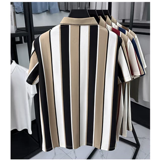 เสื้อโปโลผู้ชายแขนสั้น มีซิป ลายทาง ทรงพอดี ดูดีมีระดับ ใส่สบาย ระบายอากาศ