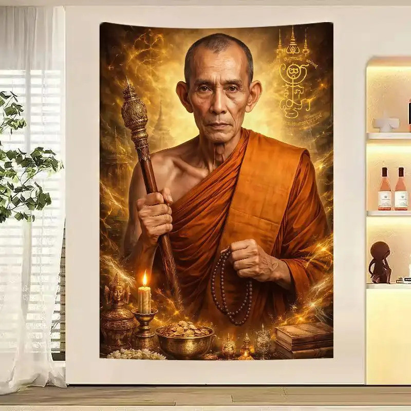 ภาพสวยงาม ภาพรวมของหลวงพ่อกวย สกรีนสวยงามและคมชัด ผ้าโพลีเอสเตอร์หนาและทนทาน
