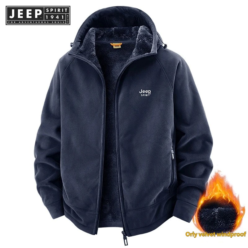JEEP SPIRIT 1941 ESTD เสื้อแจ็คเก็ตมีฮู้ดผ้าฟลีซแบบหนาสําหรับฤดูใบไม้ร่วงและฤดูหนาวของผู้ชาย