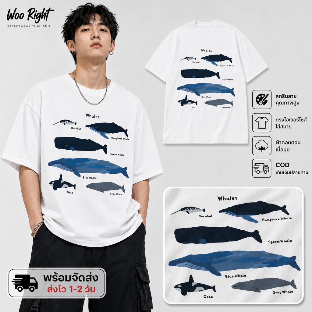 COD จัดส่งตลอด 24 ชั่วโมง Woo Right Mall 200g เสื้อยืดผู้ชายสีขาว oversize ลายวาฬสไตล์แฟชั่น งานเกรดพรีเมียม งานเกรด A