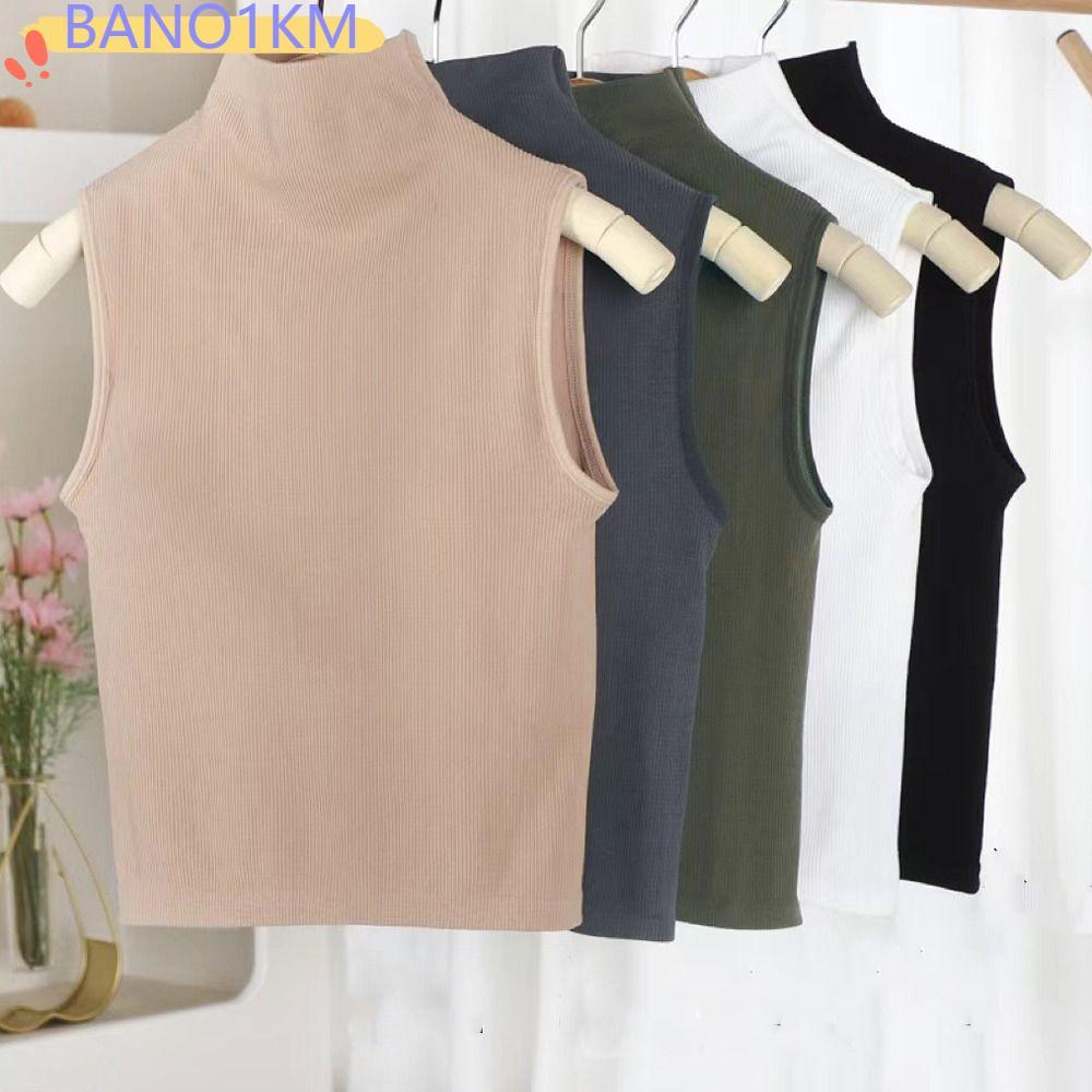 BANO1KM เสื้อกั๊ก,พร้อมเสื้อกล้ามแขนกุดแผ่นรองหน้าอก, เสื้อชั้นในสตรีสีทึบครึ่งคอเต่าหรูหราผู้หญิง