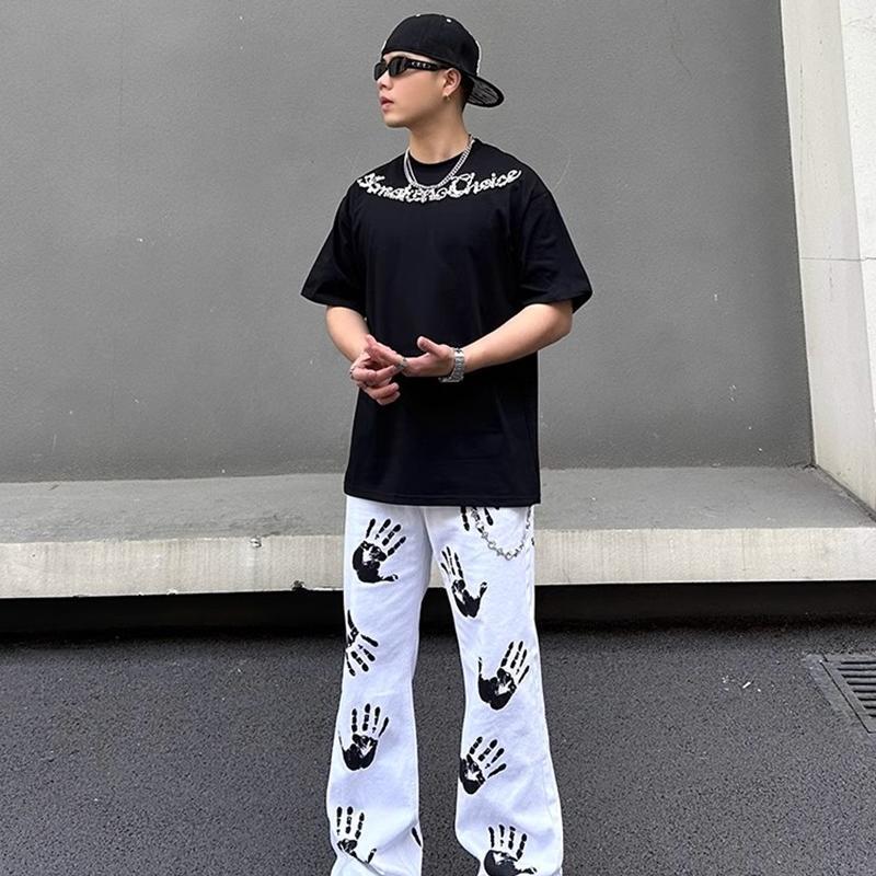 American Hip-HopHigh Streetปาล์มพิมพ์กางเกงกางเกงยีนส์ผู้ชายผู้หญิงHiphop Streetสวมใส่ทอดStreetรูปแบ