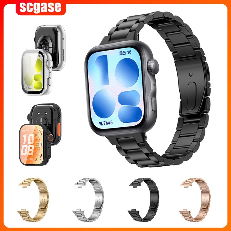 สายสแตนเลสสําหรับนาฬิกา Huawei Fit 5 Pro ป้องกันหน้าจอ TPU Cover & Hard PC สําหรับ Huawei Watch Fit 4 Pro/Fit3 สายรัดข้อมือโลหะ