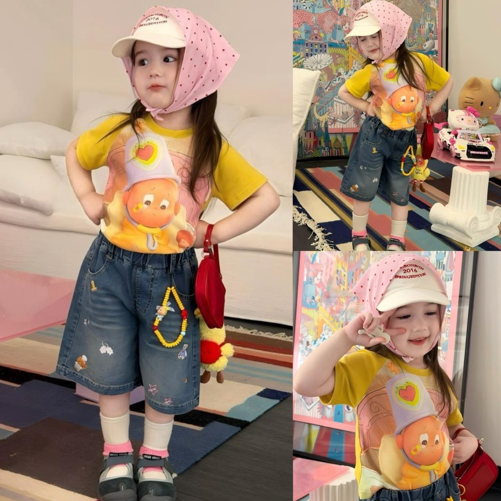 PRETTY BABY เสื้อยืดเด็ก เสื้อคอกลม ลายการ์ตูน กางเกงยีนส์ 7 ส่วน แถมที่ห้อยเอว(2226)