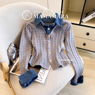 MAMAMARA - Atasan Rajut Wanita Cable Knit Kerah Denim Layer Style Kekinian