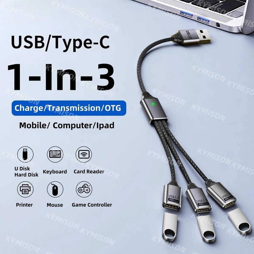 3 พอร์ตสาย USB Splitter อะแดปเตอร์ OTG Splitter สาย USB Type C ชาย 3USB 2.0 หญิง Hub Extensions สําหรับ Samsung Huawei