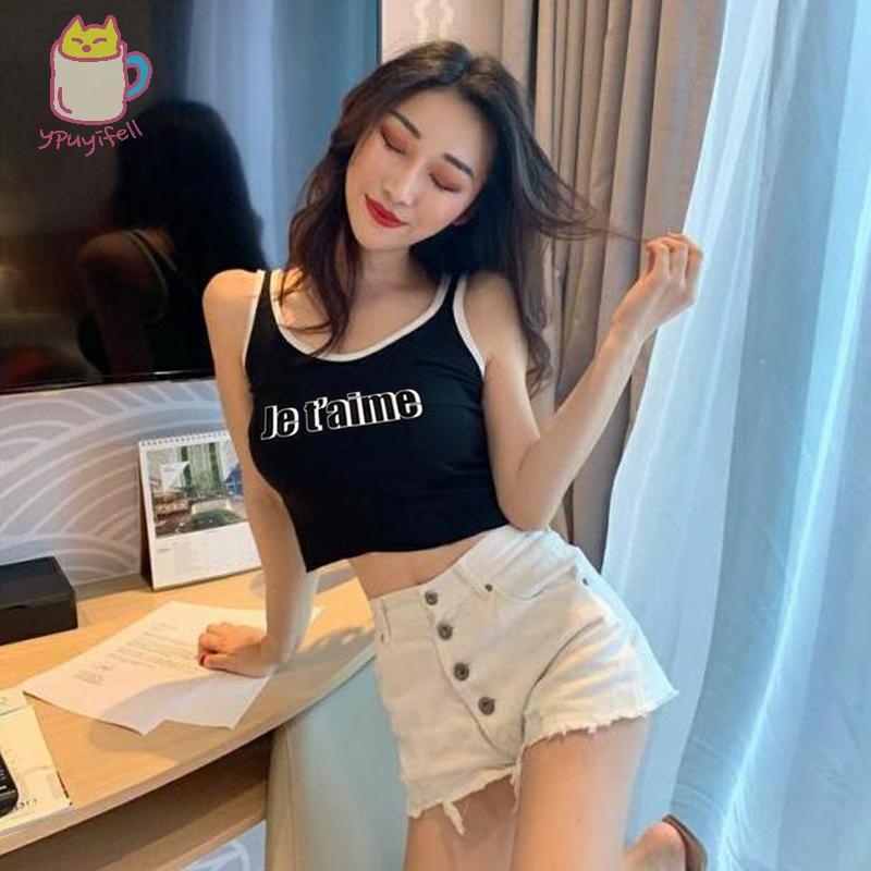 [YPU] American Retro Contrast Signature Letter พิมพ์อเนกประสงค์ Casual Vest แฟชั่นกีฬา Tops สําหรับผ