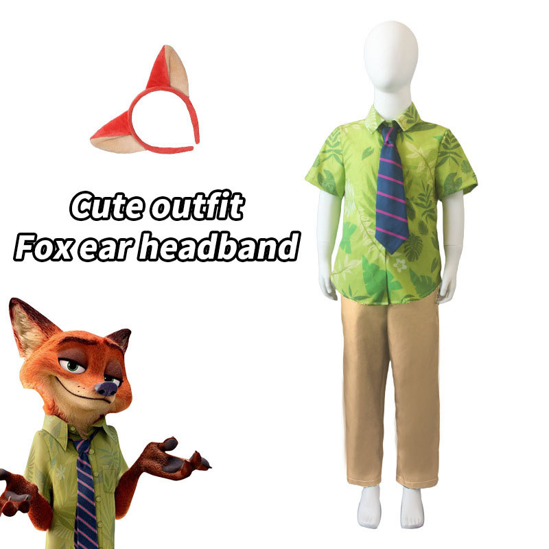 Fox Nick Wilde คอสเพลย์เสื้อ Tie Men ฮาโลวีนใบสีเขียวพิมพ์ฤดูร้อนสบายๆเสื้อยืดและเนคไทคอสเพลย์