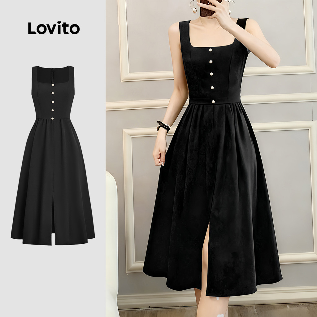 Lovito เดรสสีดําสําหรับฤดูร้อนของผู้หญิง เดรสหรูหราติดกระดุม L166AD400