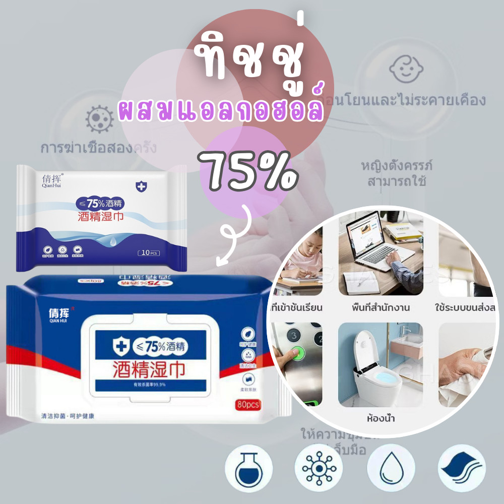 ทิชชู่​เปียก​ผสมแอลกอฮอล์ ​75% Alcohol Wipe (1ซอง80แผ่น) พกพาสะดวก ทิชชูเปียกฆ่าเชื้อ