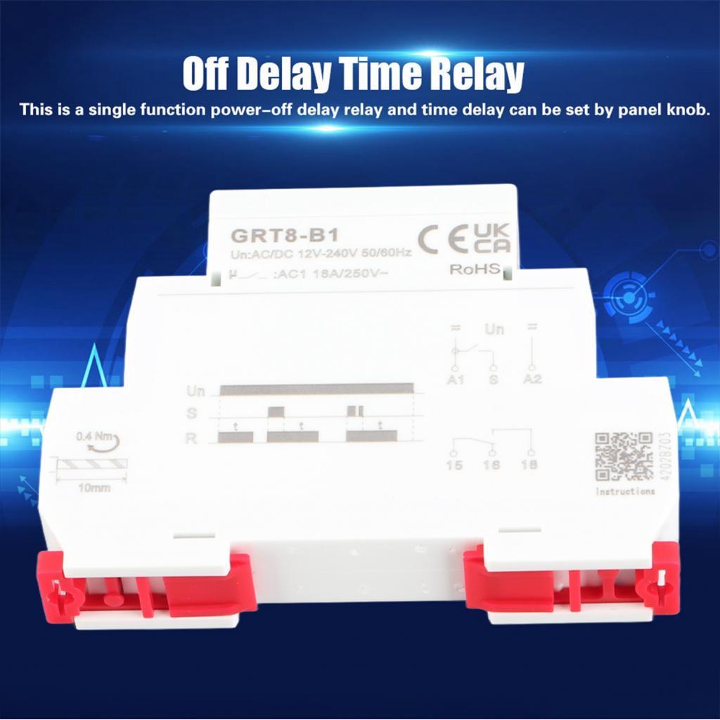 GRT8-B1 AC/DC 12V-240V รีเลย์หน่วงเวลามินิปิดราง DIN ประเภทพร้อมไฟแสดงสถานะ LED ฟังก์ชั่นเดียว