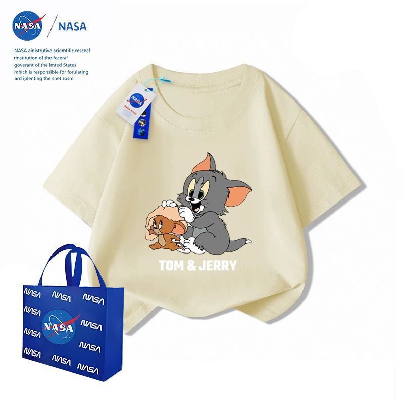 2026NASA ฤดูร้อนแบรนด์ร่วมแมวและเมาส์พิมพ์รอบคอผ้าฝ้ายแท้เด็กเสื้อยืดแขนสั้นหลวมชายหญิง COD PS6K