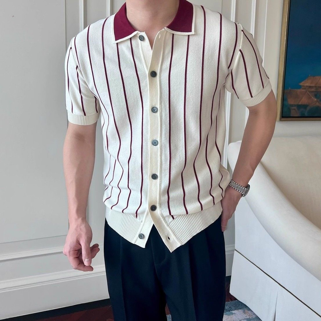 เสื้อโปโลชายลappel สั้นลายทาง สไตล์บริติช ฟอร์มality พอดีตัว