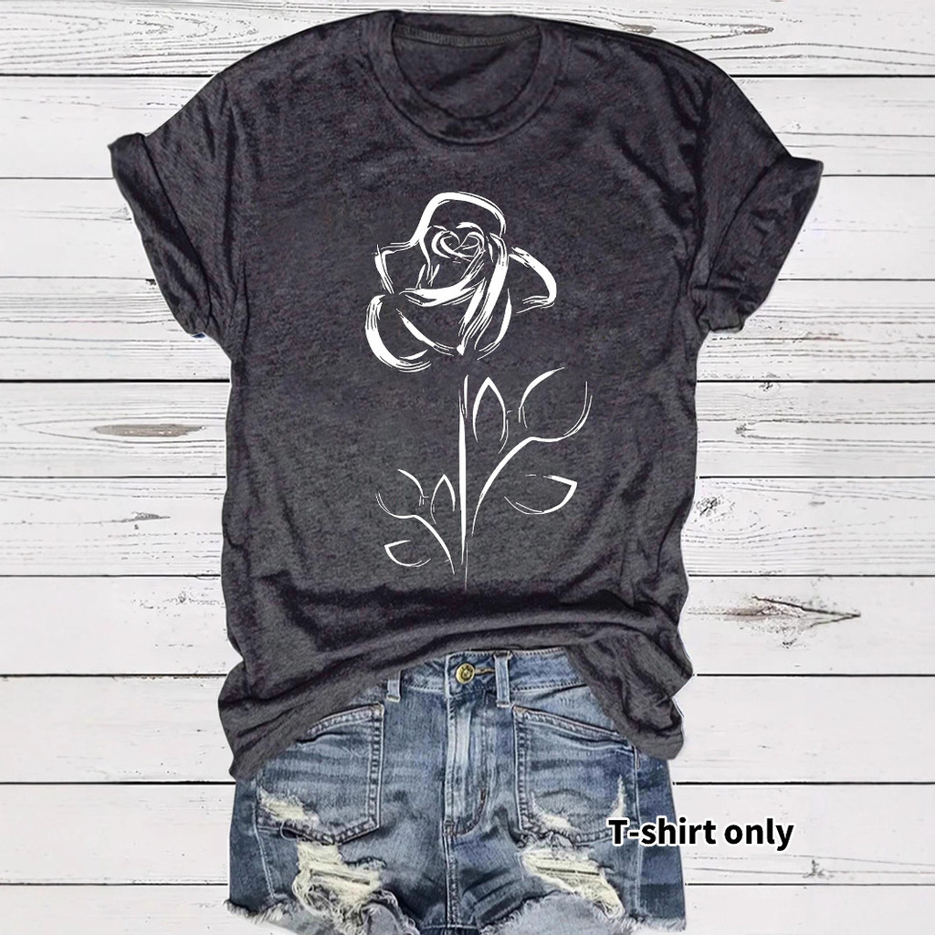 เกาหลีเกาหลี2026สถานีอิสระยุโรปอเมริกันเสื้อยืดแขนสั้นหญิงกุหลาบพิมพ์รอบคอหลวมแขนสั้นขนาดบวกเสื้อยืด