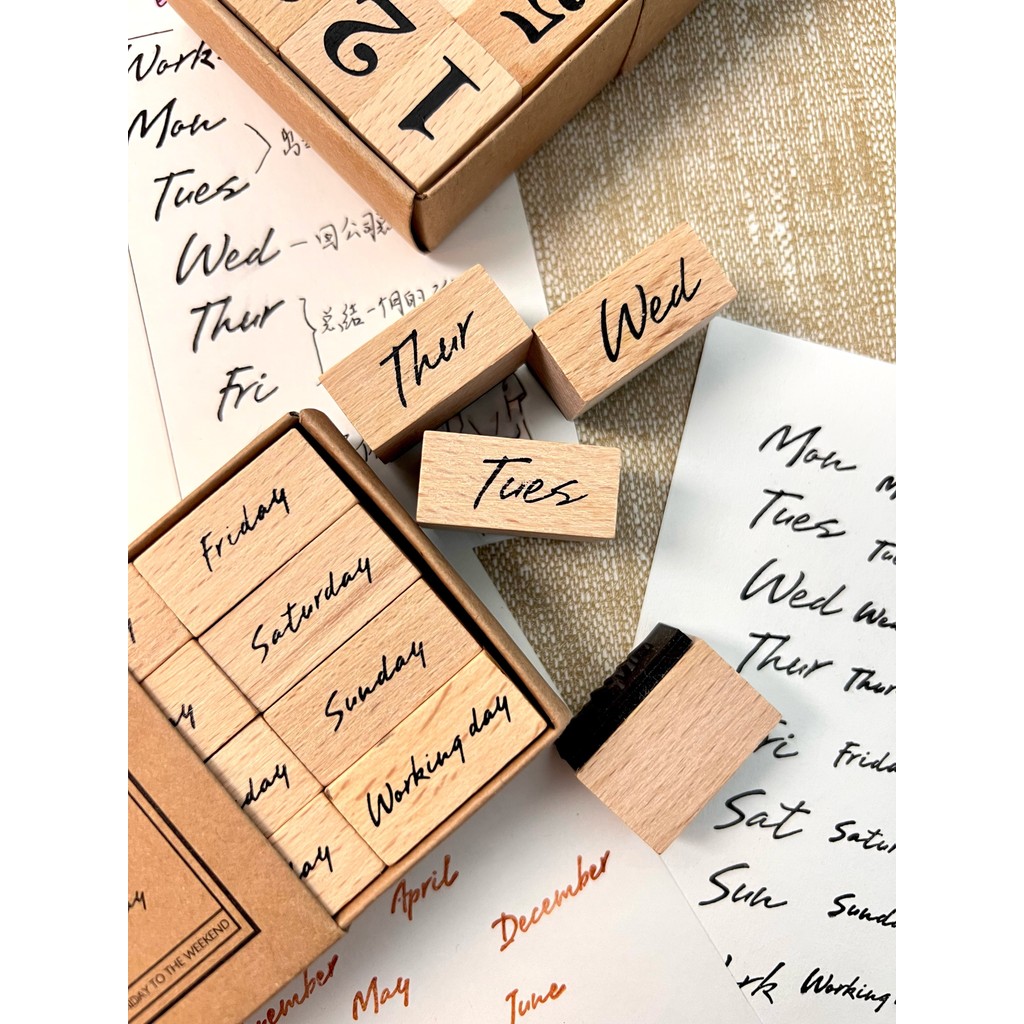 ⭐⭐Sun Month Retro Wooden Seal Number English Basic Daily Pay Record Clock Handbook Decorative Combin