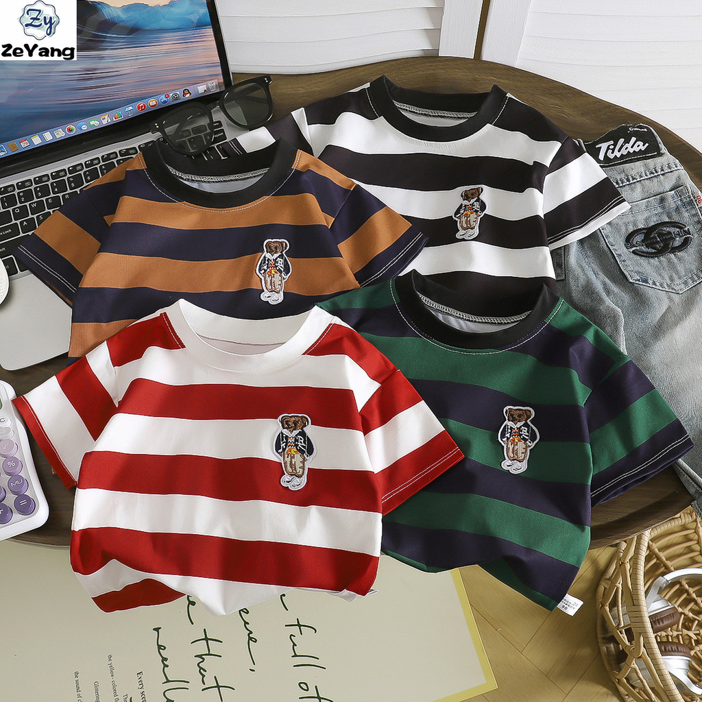 [ZY] 70-140 Ready Stock เสื้อยืดแขนสั้นลําลองเด็กการ์ตูนปักสั้น T Baby Striped Bottoming เสื้อ All-Match แฟชั่นยอดนิยม