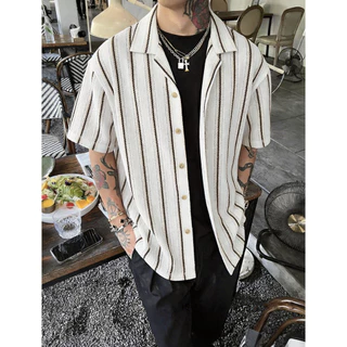 Knit Shirts • เสื้อถักแขนสั้นลายทางเล็กแอปริคอท M-3XL + ไซส์ใหญ่ หน้าผ้า56"/62"