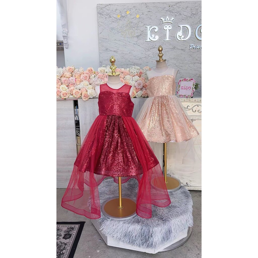 Kidoprincesskids ชุดออกงานเด็ก (ร้านอยู่รัชดา)ชุดราตรีเด็กS W19333 สีแดง ทอง กระโปรงสั้น มีหางยาว