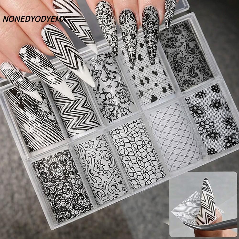 NONDYOMX เล็บฟอยล์,สีดําสีขาวลูกไม้ออกแบบเล็บสติกเกอร์, Professional เสือดาวพิมพ์เลื่อมรูปแบบเล็บ Decals ตกแต่งเล็บ
