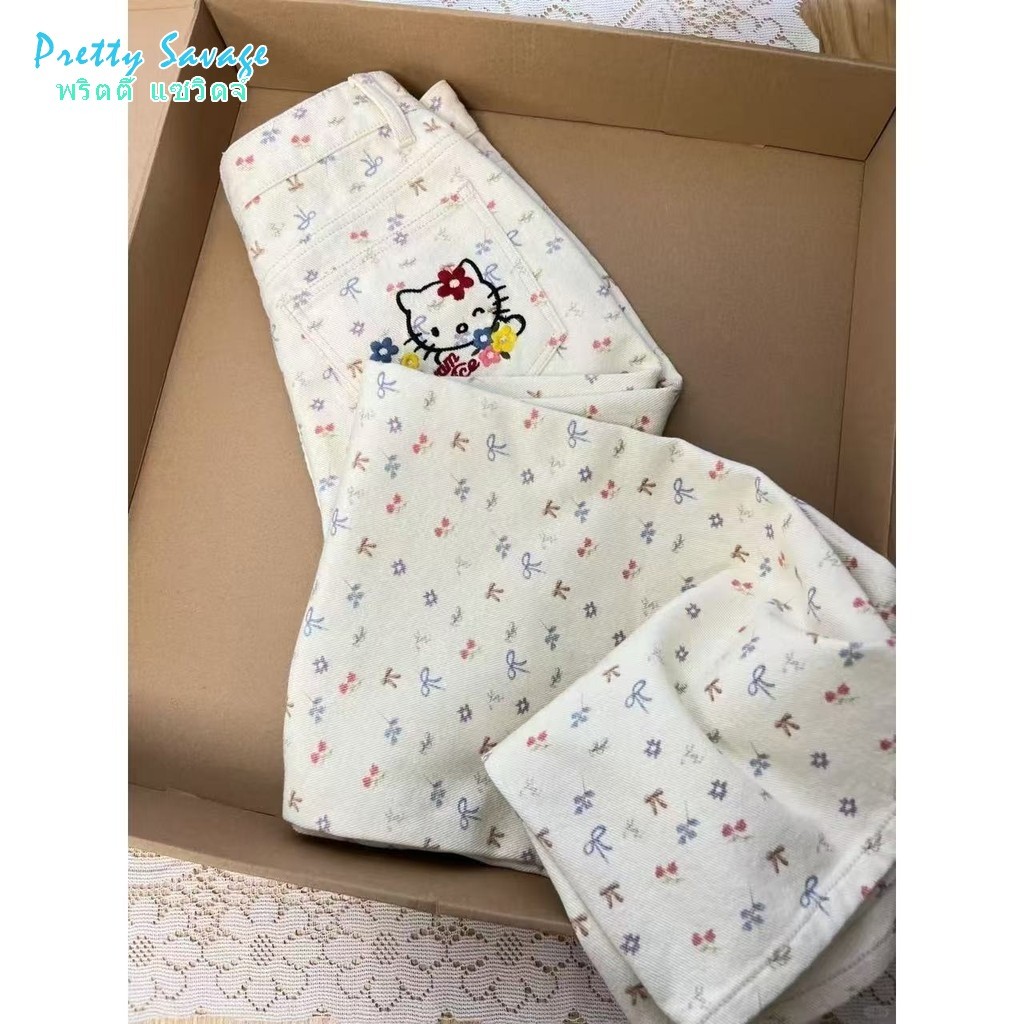 Fast shipping! Summer New Large Size Simple Lazy Floral Kitty Embroidered Jeans for Women