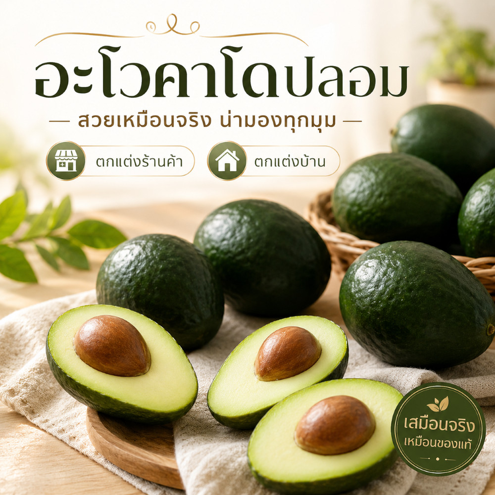 อะโวคาโด้ปลอมงานเหมือนจริง จัดพร็อพแล้วดูโปรขึ้นทันที แต่งร้านอาหารคลีน คาเฟ่ น้ำผลไม้ มุมครัว ถ่ายรูปสวยไม่ต้องใช้ของสด