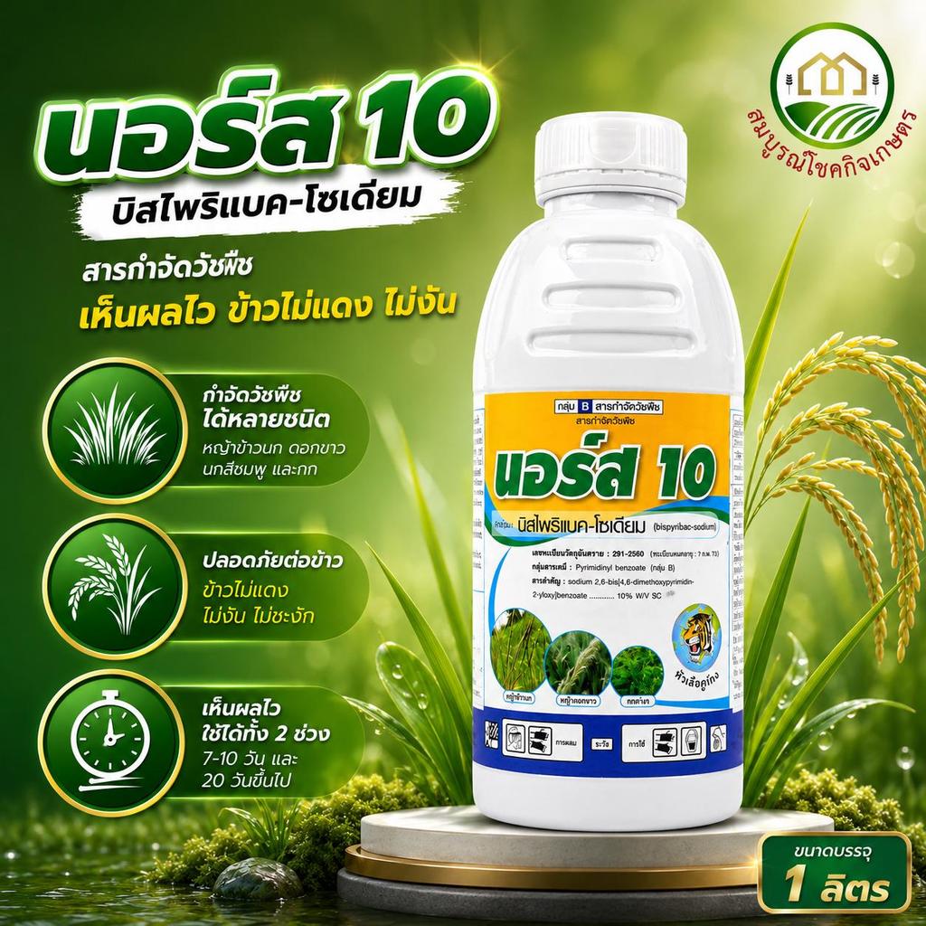 นอร์ส 10 (บิสไพริแบค-โซเดียม 10%) สูตรน้ำ 1 ลิตร กำจัดแห้วหมู วัชพืชใบแคบและใบกว้าง หญ้าเดือย ข้าวนก ผักปอดนา 7-10 วัน