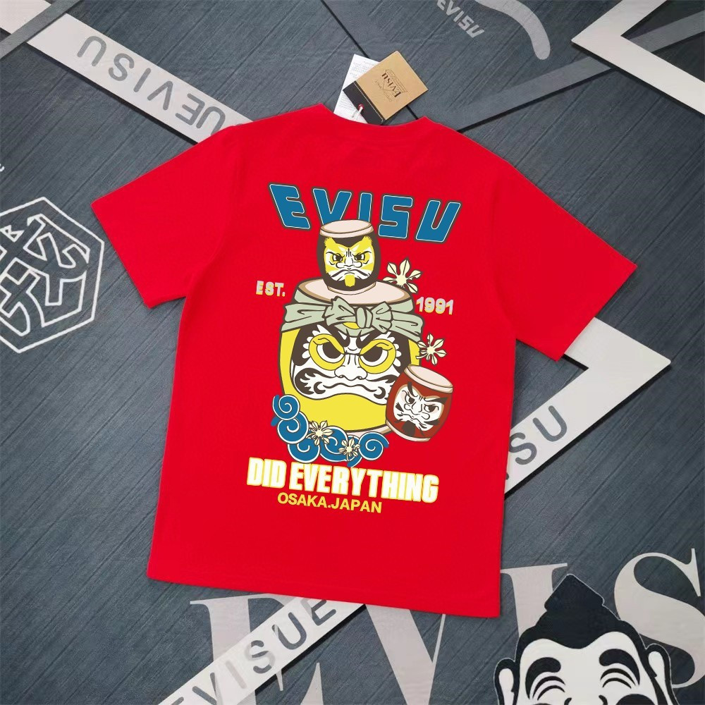 EVISU/God of Fortune/6XL คลาสสิกรอบคอแขนสั้นเสื้อยืดผู้ชายผู้หญิงสไตล์ Plus ขนาด Bottoming เสื้อ 202