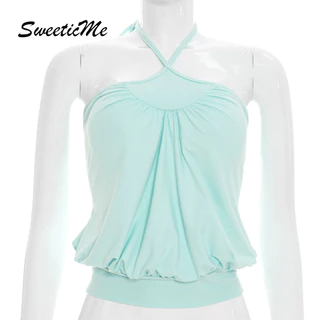 SweeticMe เสื้อสตรี 2026 ใหม่แฟชั่น Crinkle เซ็กซี่ Casual Halter Camisole + กางเกงขาสั้นชุด