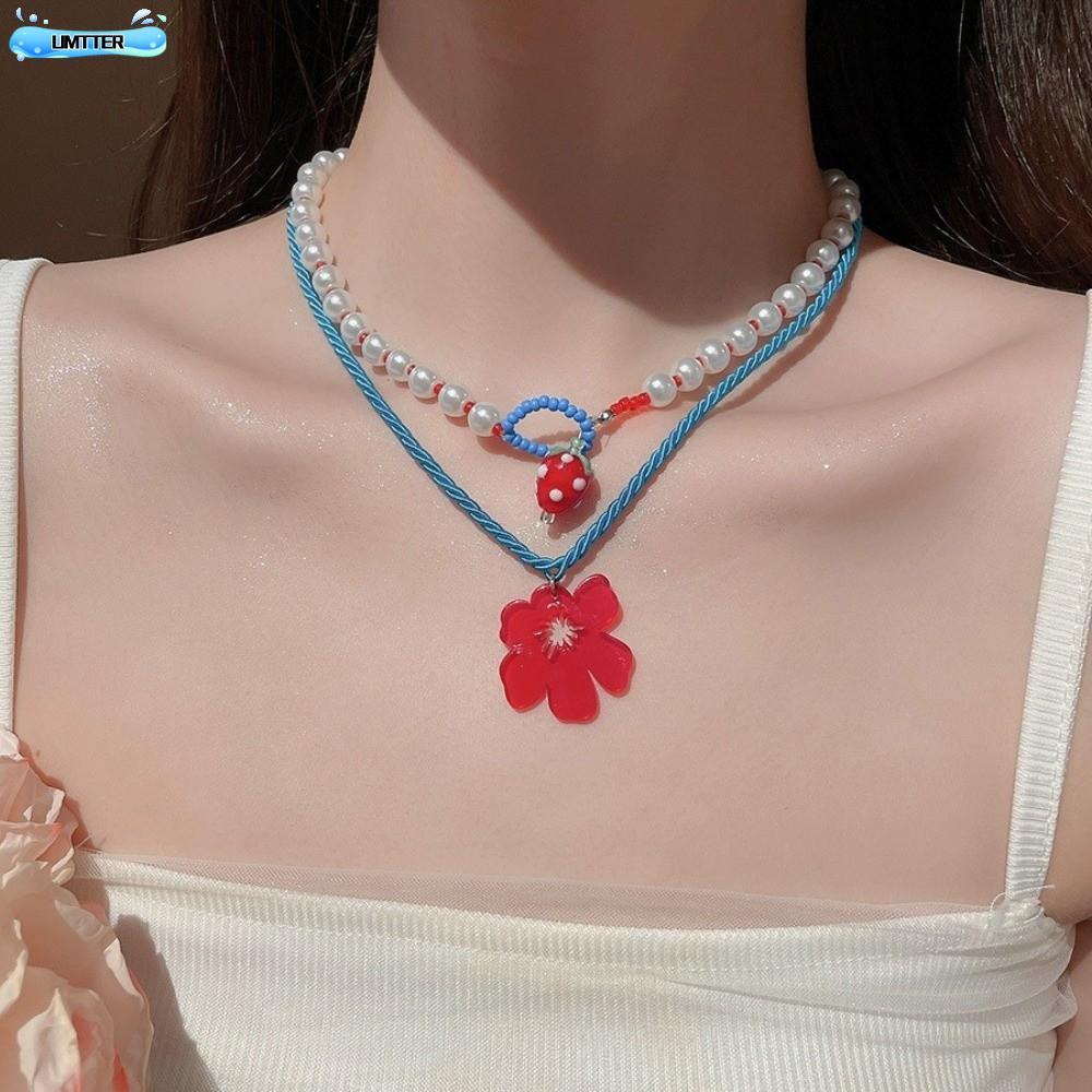 UMTTER 2pca สร้อยคอดอกไม้, ชั้นสตรอเบอร์รี่จี้เชือกถักสร้อยคอ,แฟชั่นอะคริลิคจําลองลูกปัดเครื่องประดั