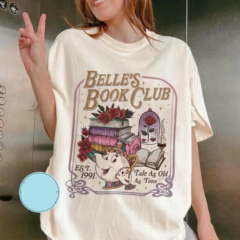 เสื้อยืดพิมพ์ลาย Unisex ของ Vintage Belle's Book Club For Women Tale As Old As Time Belle’s Book Caf
