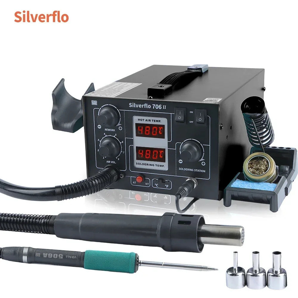 Silverflo T12 สถานีบัดกรี 2 In 1 Hot Air T12 หัวแร้งเชื่อม Rework Station 706-ii