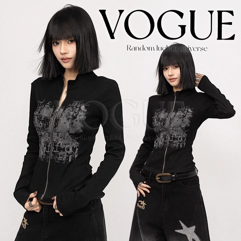 Vogue🌟พร้อมส่ง🌟 เสื้อแขนยาว คอกลม ดีเทลลายเท่ๆทรงรัดรูปพอดีๆ (FY1230)