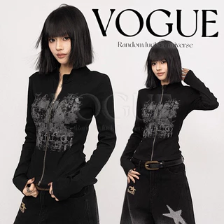 Vogue🌟พร้อมส่ง🌟 เสื้อแขนยาว คอกลม ดีเทลลายเท่ๆทรงรัดรูปพอดีๆ (FY1230)