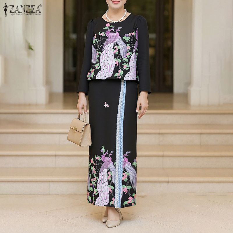 ZANZEA ใส่ ซานเซีย ผู้หญิงเกาหลีหรูหรารอบคอแขนยาวพิมพ์กลับเอวยืดหยุ่นติดตั้งชุดกระโปรงสม๊อค — صورة 4