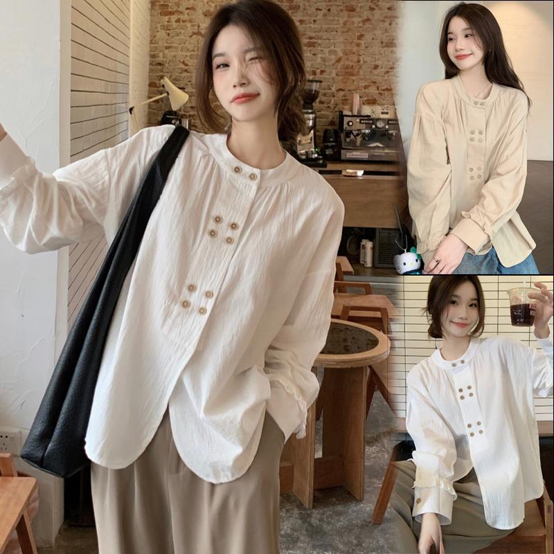 BGเสื้อเชิ้ตแขนยาวสไตล์เรโทร คอกลม กระดุม 2 แถวหน้า ทรงหลวม ผ้าเนื้อนุ่ม สวมใส่สบาย สไตล์เกาหลี99226