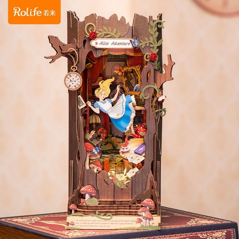 Rolife rolife rolife rolife ตก wonderland bookend กระท่อม diy ประกอบบล็อกตัวต่อทําด้วยมือของเล่นของข