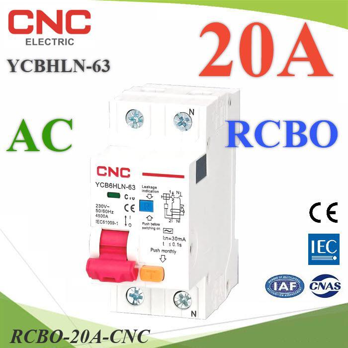 20A RCBO 2P เบรกเกอร์กันดูด AC L-N 30mA Residual Current Circuit Breaker MCB CNC