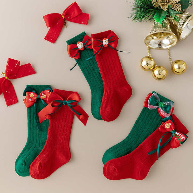 Cartoon Bow Kids Socks New Year Girls Knee High Socks Soft Baby Long Socks