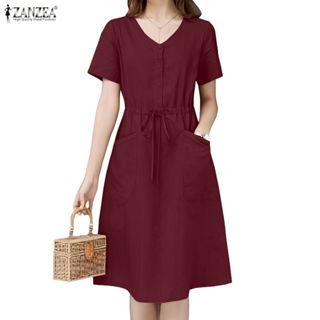 ZANZEA กระโปรง midi สไตล์เกาหลี V-neck raglan sleeve lace-up…