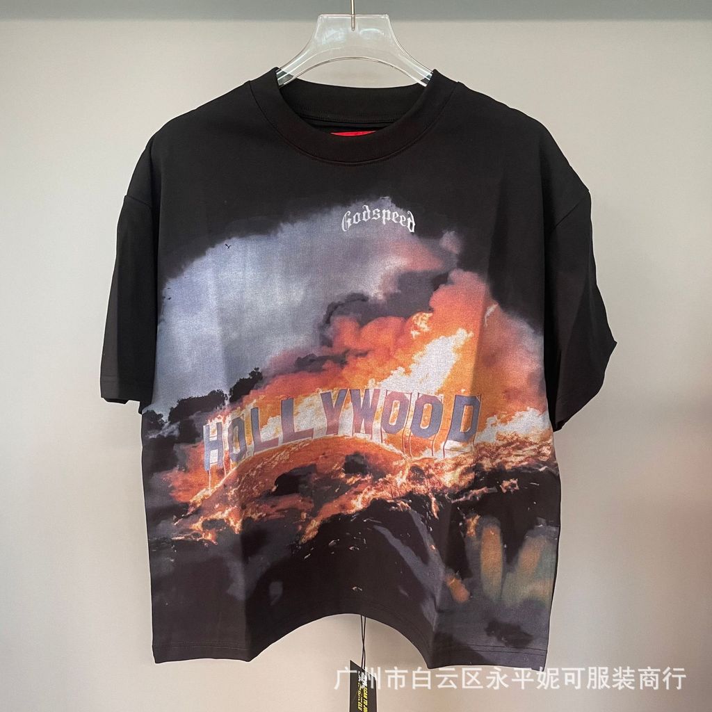 O2ST GOD SPEED Inferno Flame Print Unisex Trendy Hip-Hop hip hop Vintage Round Neck Short Sleeve T S