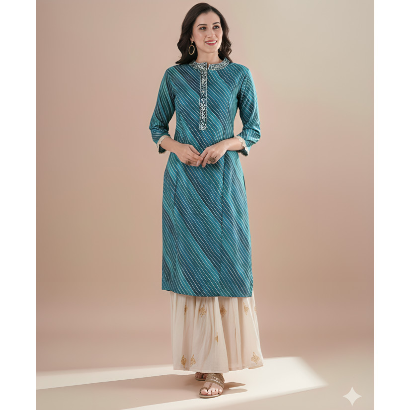 DEBAYU Silk Blend Straight Kurti Top ชาติพันธุ์ Leheiya พิมพ์ปักคอขนาด M ถึง 3XL PBR